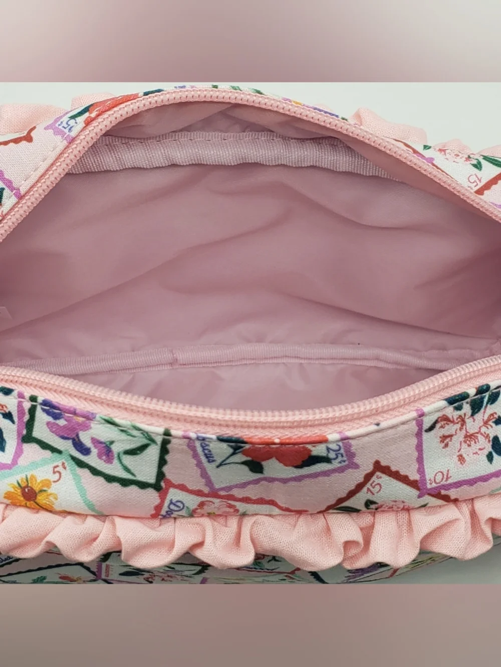 Floral Stamp Print Pink Ruffle Cosmetic Bag